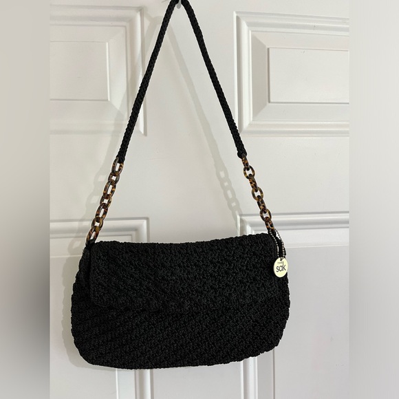 The Sak Black Crochet Flap Snap Closure Faux Tortoise Links Shoulder Mini Bag - Picture 3 of 11